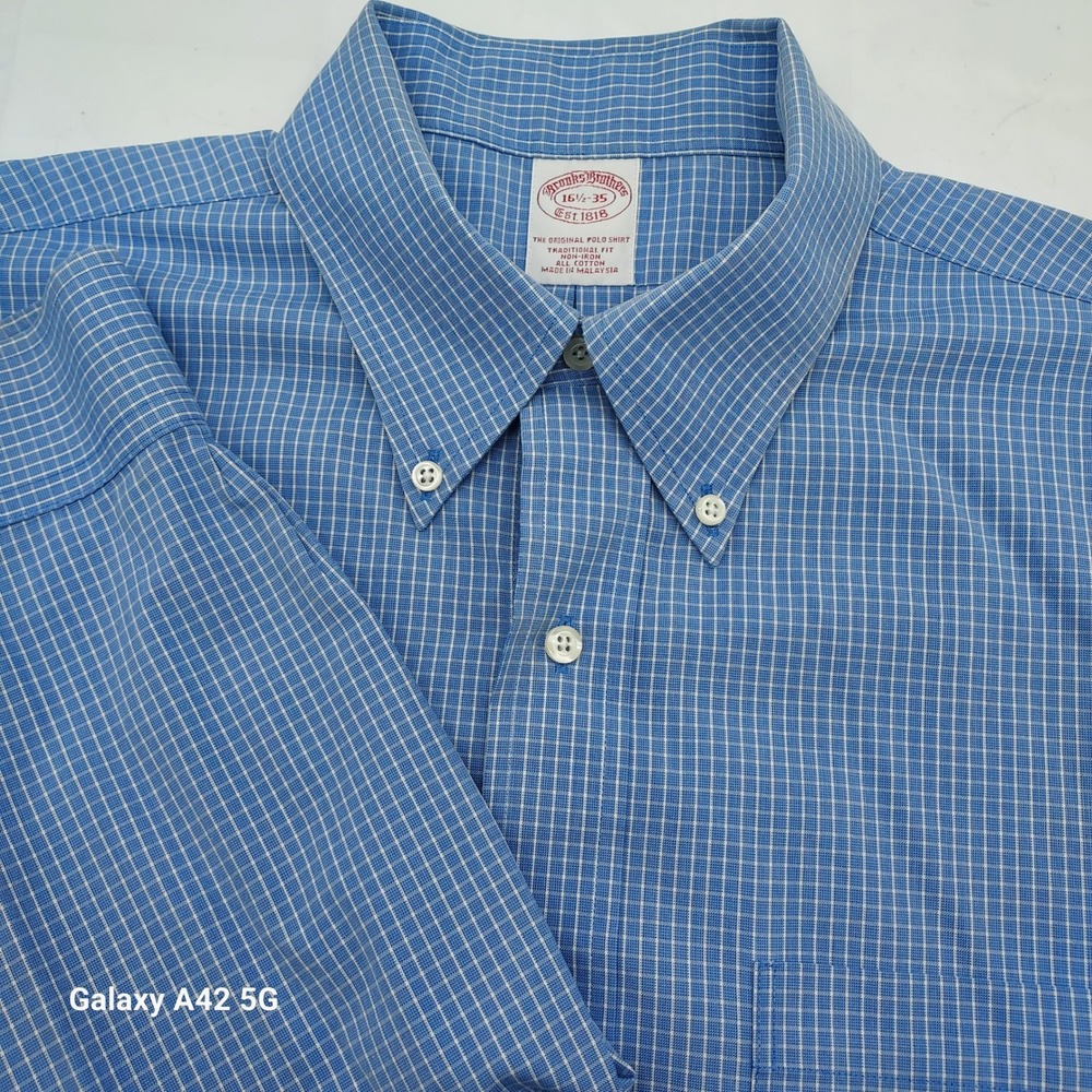 Brooks Brothers Non-Iron Traditional Fit Blue Check Dress Shirt 16.5 35 Mens